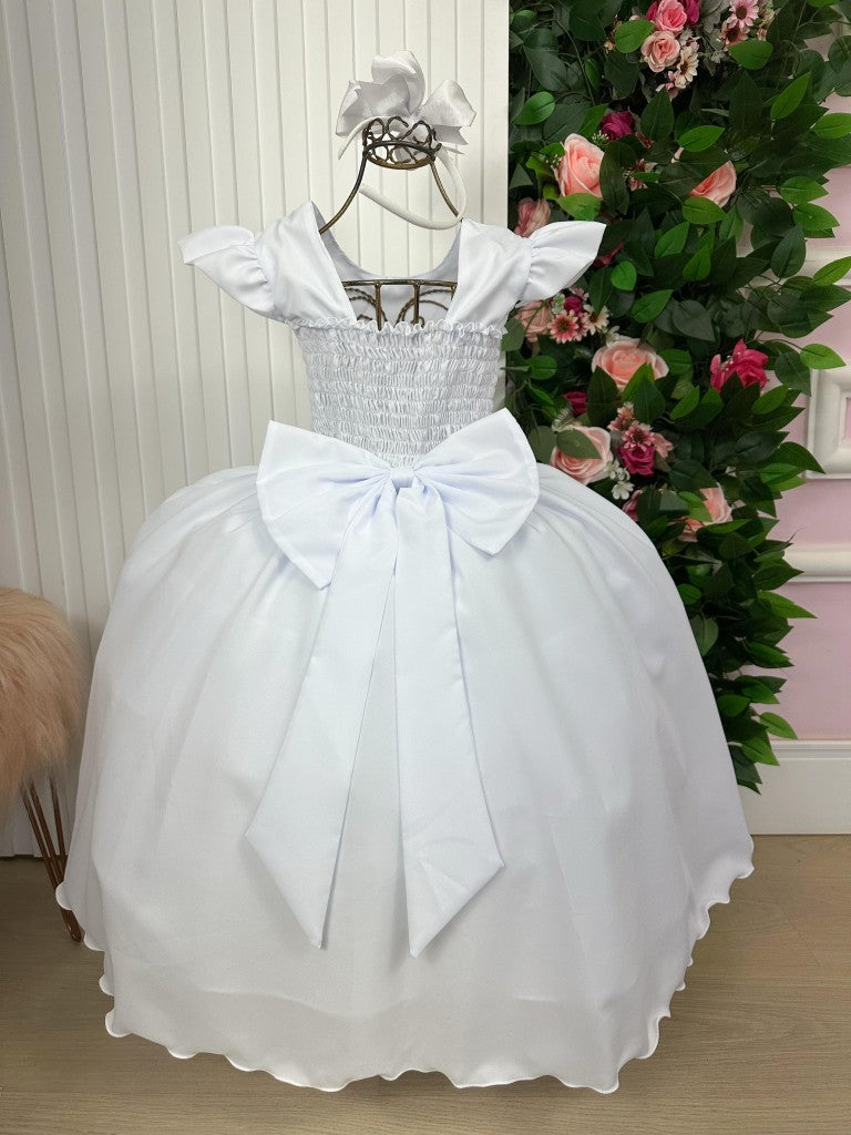 Vestido Longo Branco em Tule e Poliéster com Babado para Festas e Formaturas