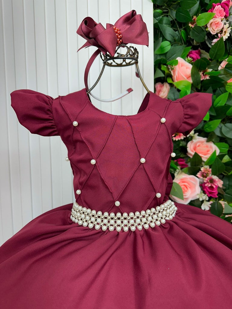 Vestido Longo Marsala em Poliéster com Babado Tule para Festas e Formaturas