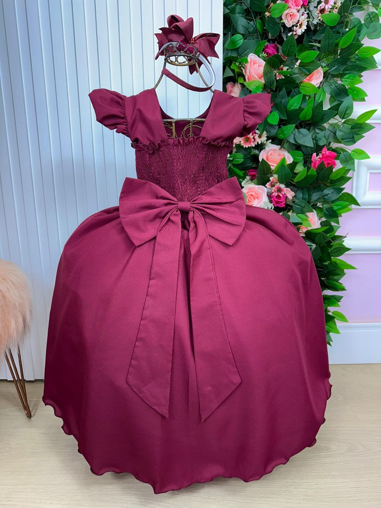Vestido Longo Marsala em Poliéster com Babado Tule para Festas e Formaturas