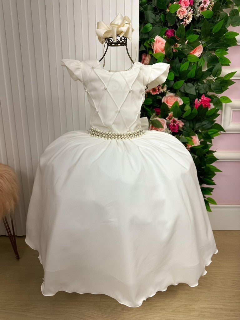 Vestido Longo Off White com Babado de Tule para Festas e Formaturas