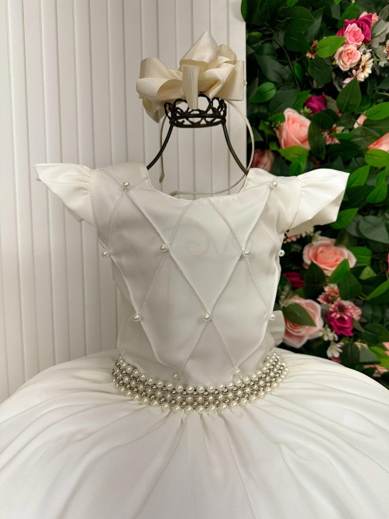 Vestido Longo Off White com Babado de Tule para Festas e Formaturas