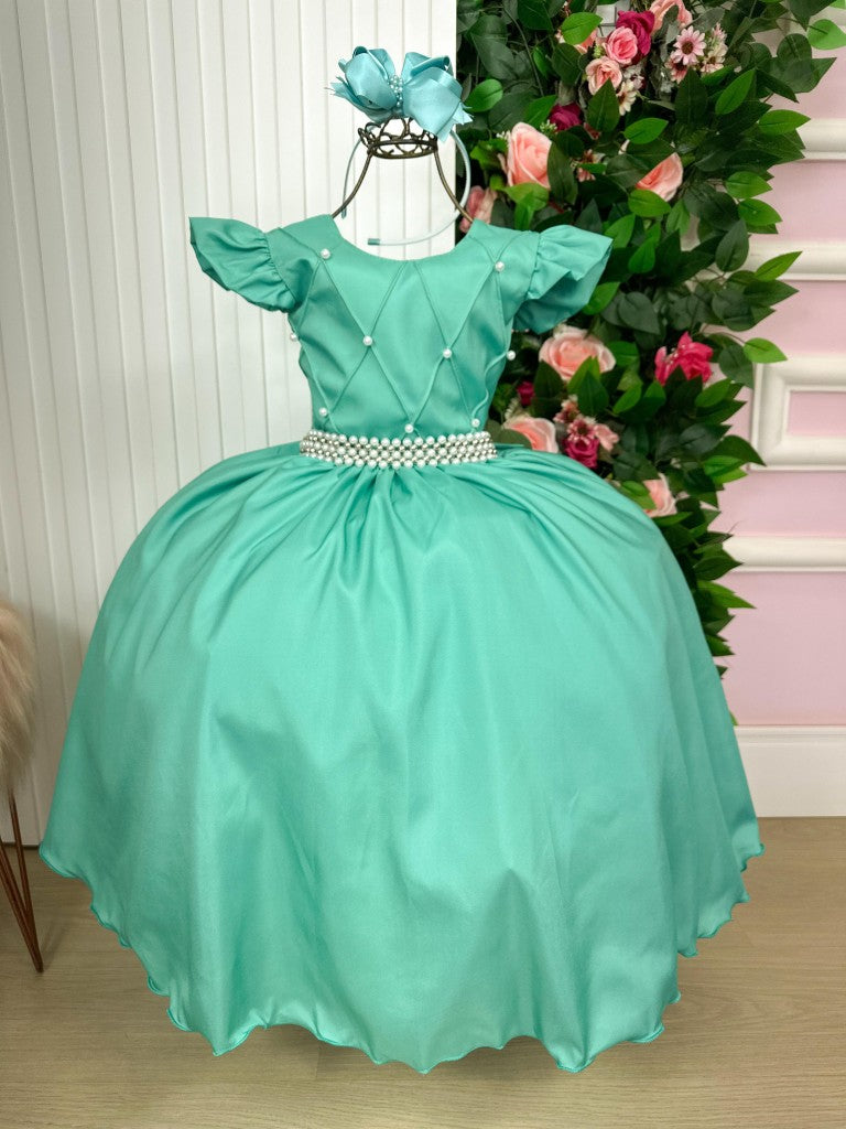 Vestido Longo Verde Menta em Tule com Babado e Pérolas para Festas