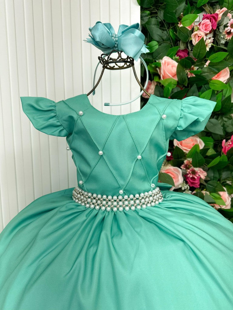 Vestido Longo Verde Menta em Tule com Babado e Pérolas para Festas