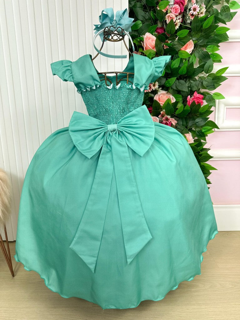 Vestido Longo Verde Menta em Tule com Babado e Pérolas para Festas