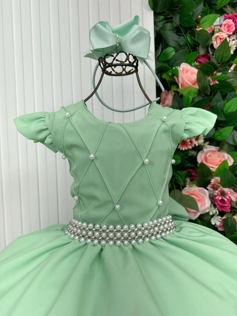 Vestido Longo Verde Oliva em Tecido 100% Poliéster com Babado Tule