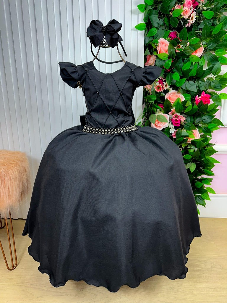 Vestido Longo Preto com Babado Tule e Pérolas para Festas