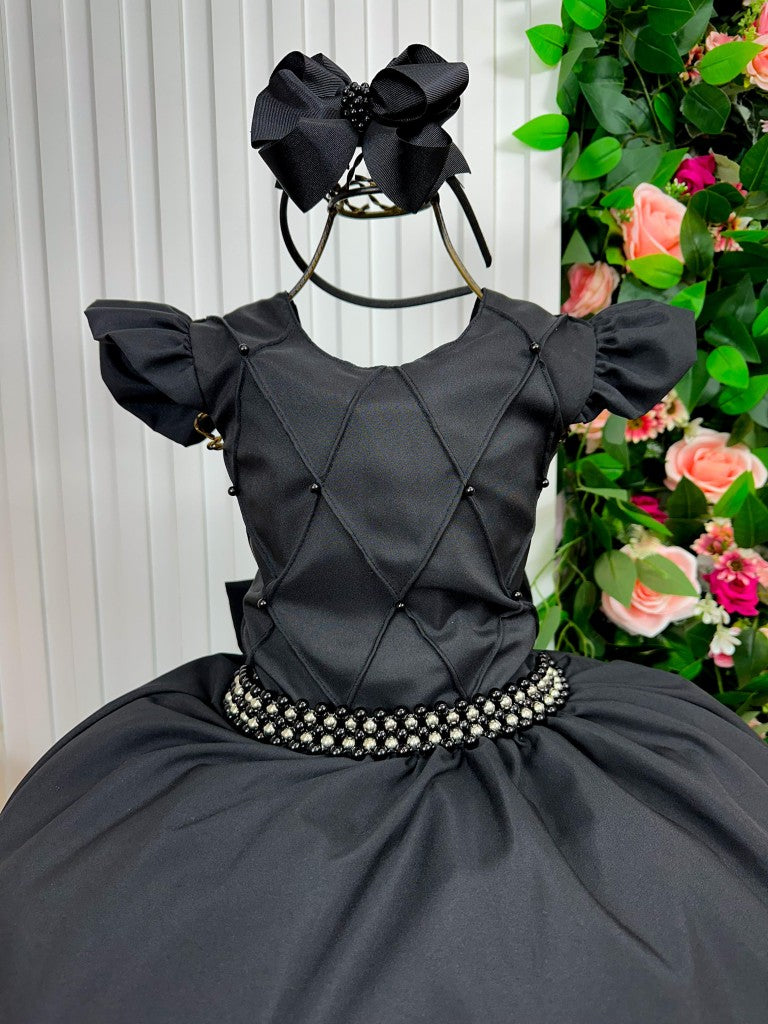 Vestido Longo Preto com Babado Tule e Pérolas para Festas