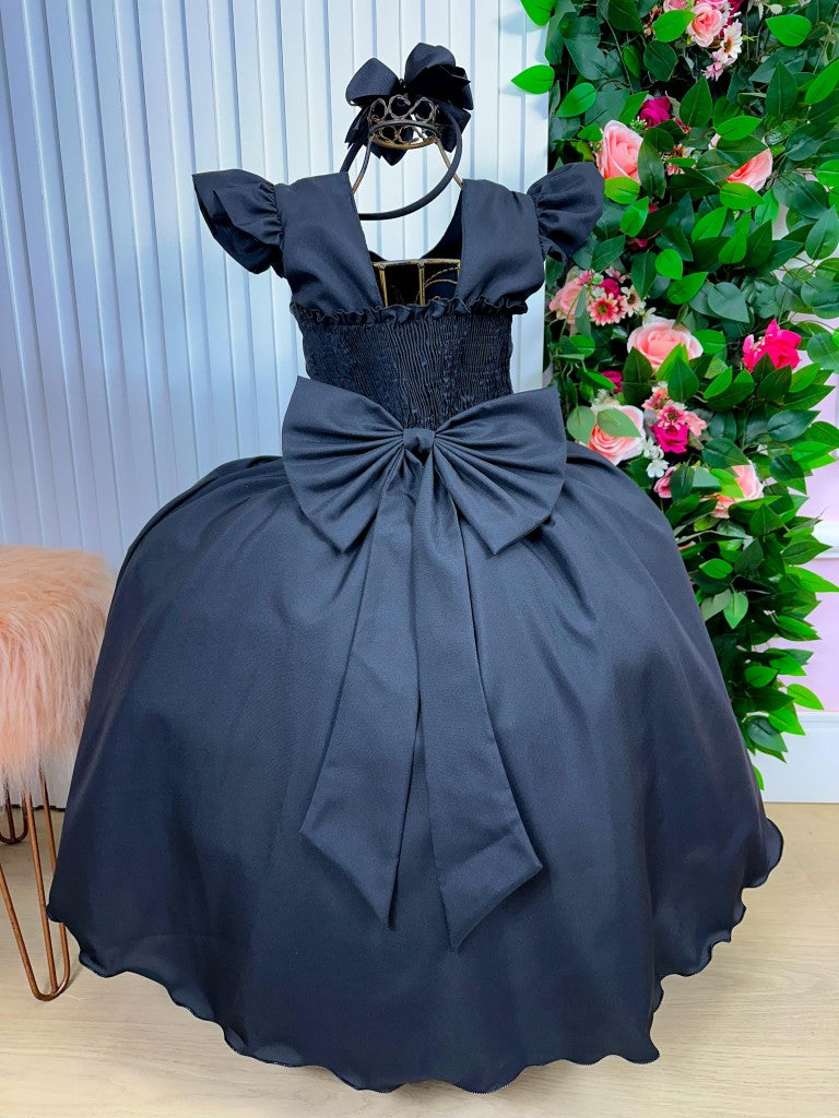 Vestido Longo Preto com Babado Tule e Pérolas para Festas