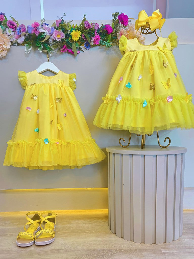 Vestido Amarelo Infantil Bebê Jardim Encantado com Renda Luxo