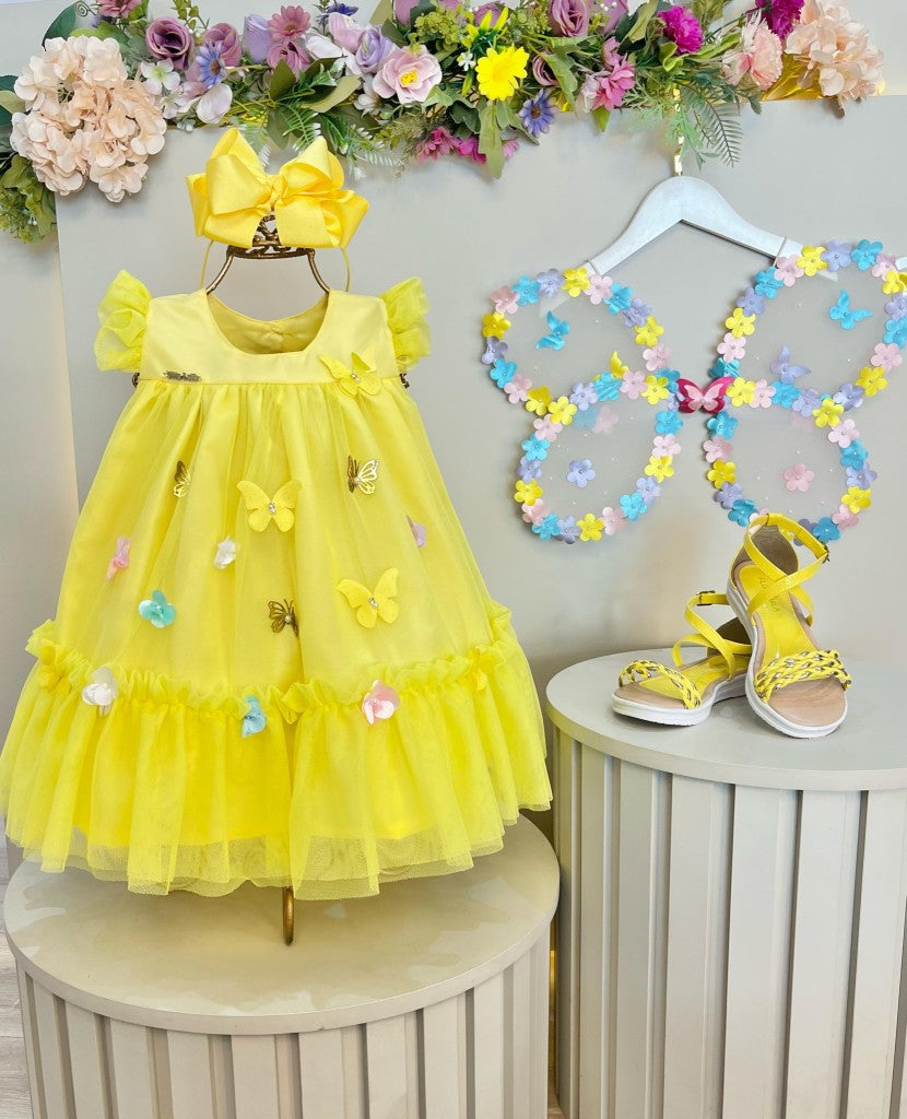 Vestido Amarelo Infantil Bebê Jardim Encantado com Renda Luxo