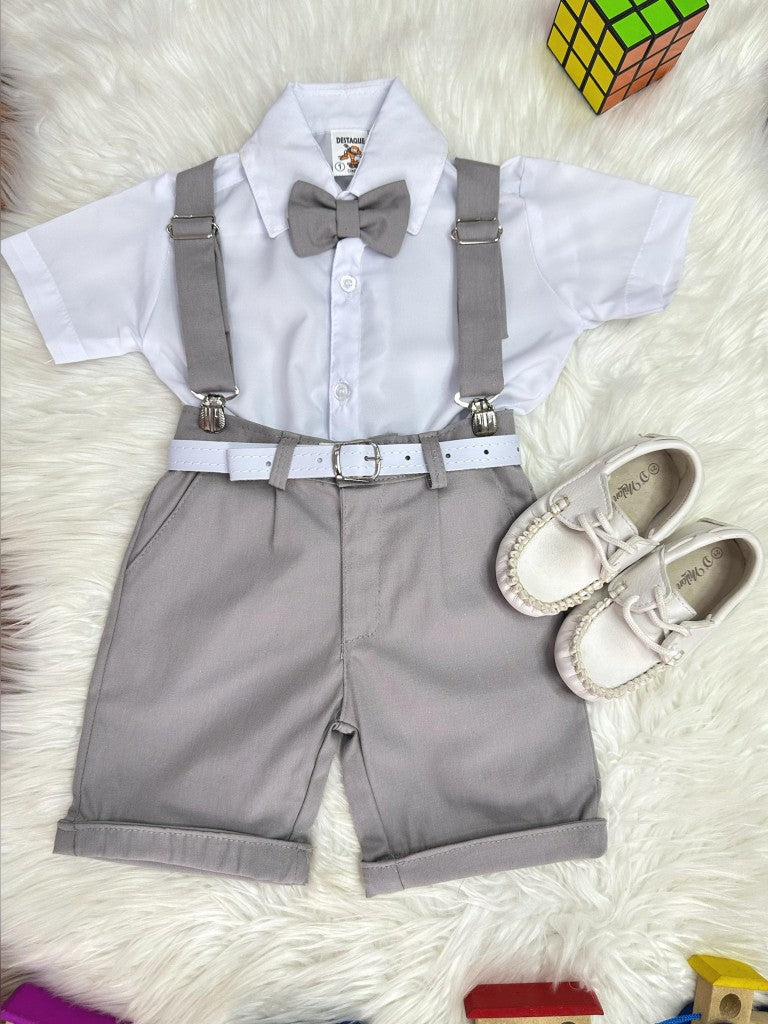 Conjunto Social Camisa Branca e Short Susp. Gravata Cinza