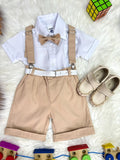 Conjunto Social Camisa Branca e Short Susp. Gravata Caqui