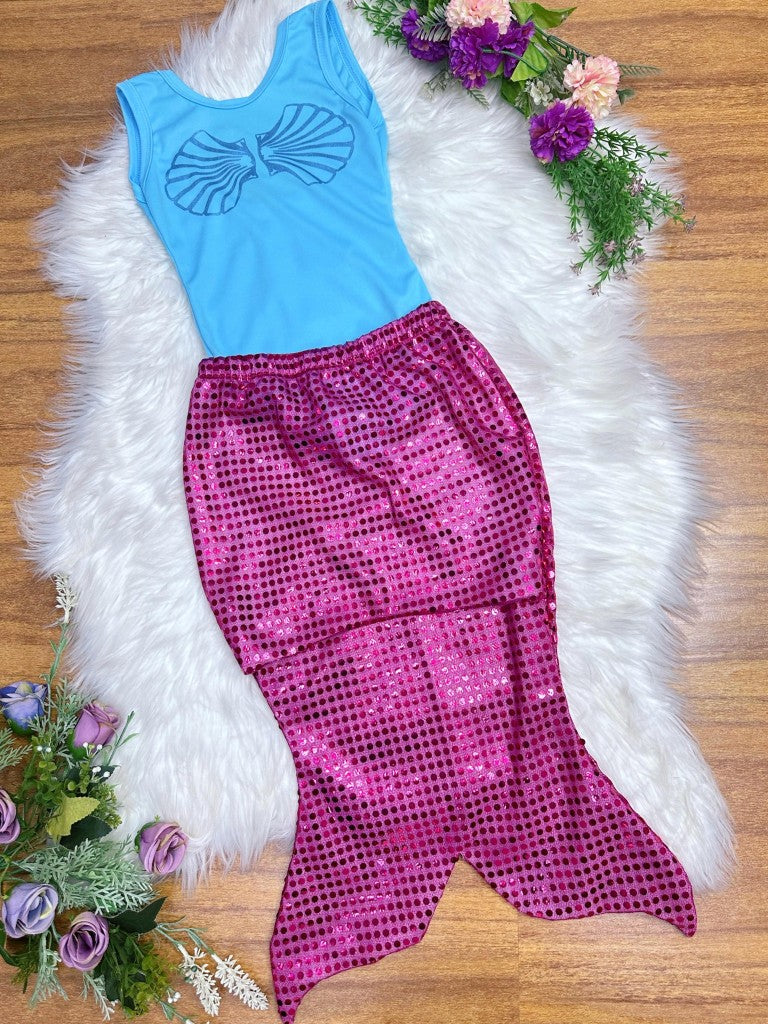 Fantasia Infantil Sereia Azul e Pink com Escamas para Festas