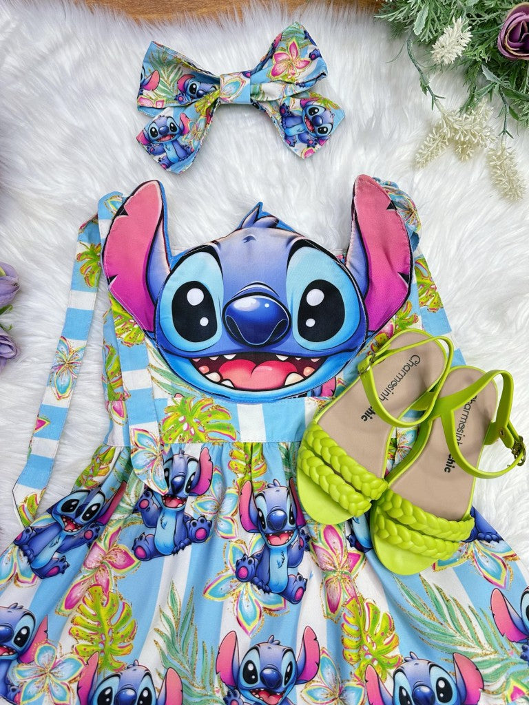 Vestido Infantil Azul Com Aplique do Stitch Tamanho 6