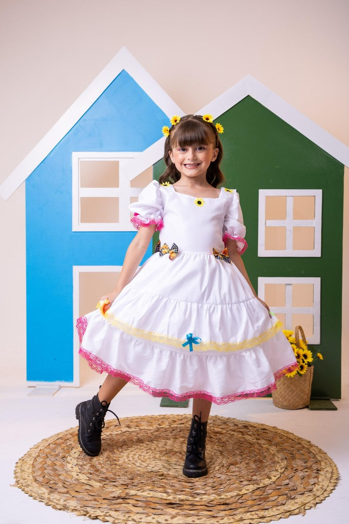 Vestido Junino Luxo Branco para Noiva e Noivinha em Tecido de Poliéster