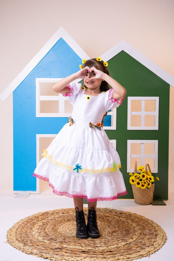 Vestido Junino Luxo Branco para Noiva e Noivinha em Tecido de Poliéster