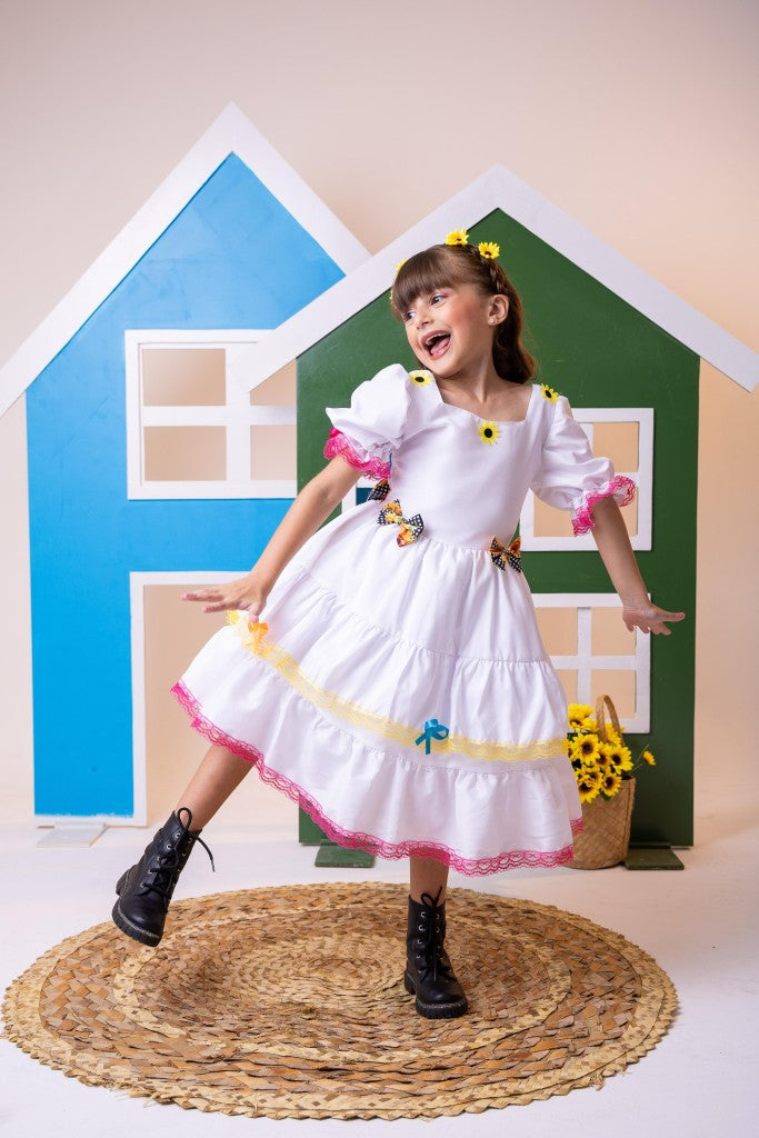 Vestido Junino Luxo Branco para Noiva e Noivinha em Tecido de Poliéster