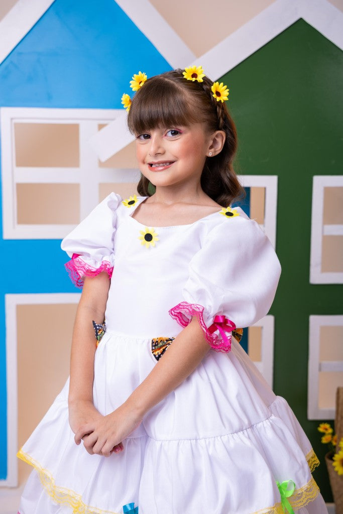 Vestido Junino Luxo Branco para Noiva e Noivinha em Tecido de Poliéster