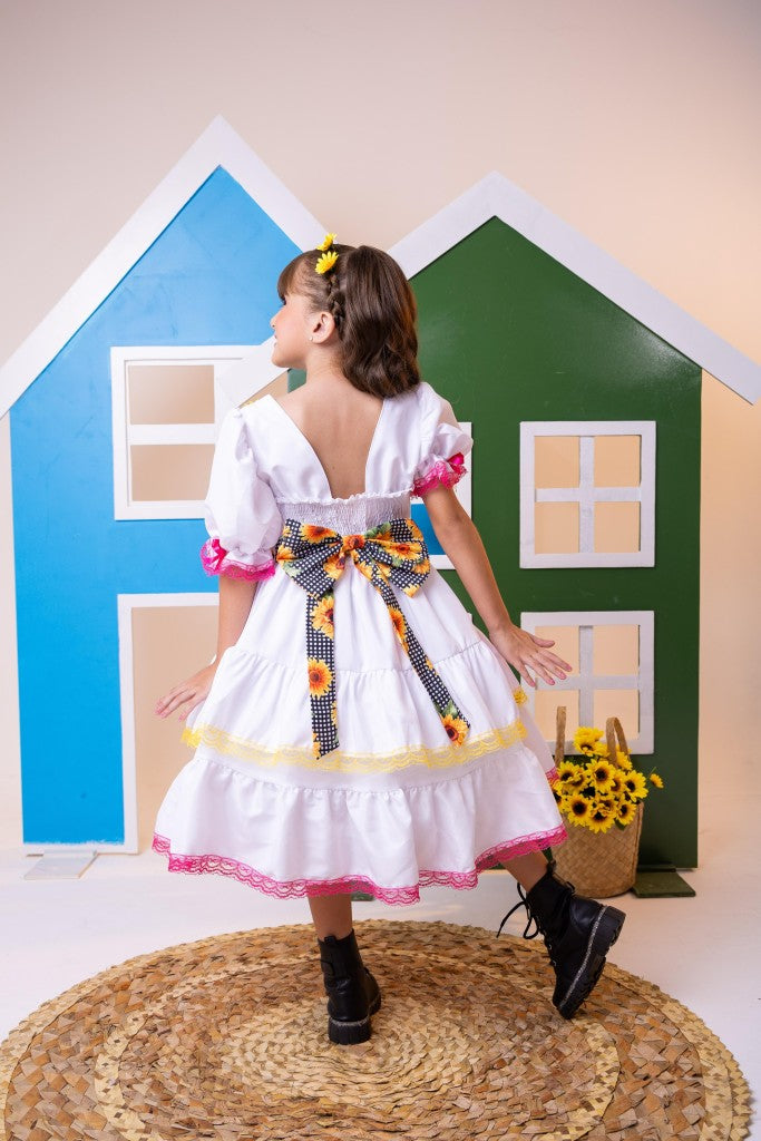 Vestido Junino Luxo Branco para Noiva e Noivinha em Tecido de Poliéster