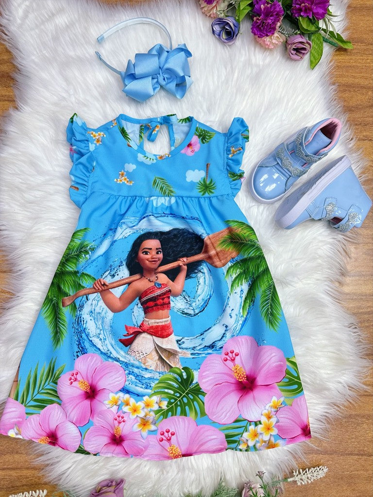 Vestido Infantil Trapézio Azul Manga Flu-Flu