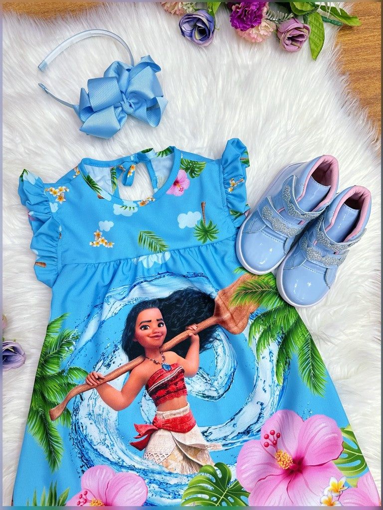 Vestido Infantil Trapézio Azul Manga Flu-Flu