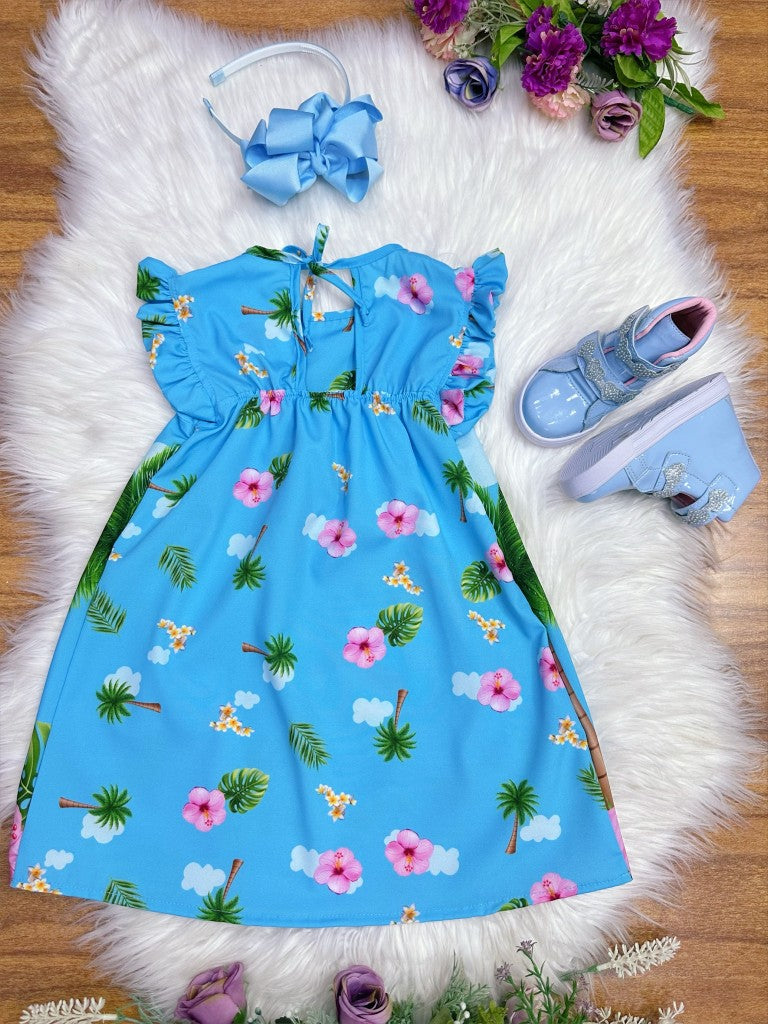 Vestido Infantil Trapézio Azul Manga Flu-Flu