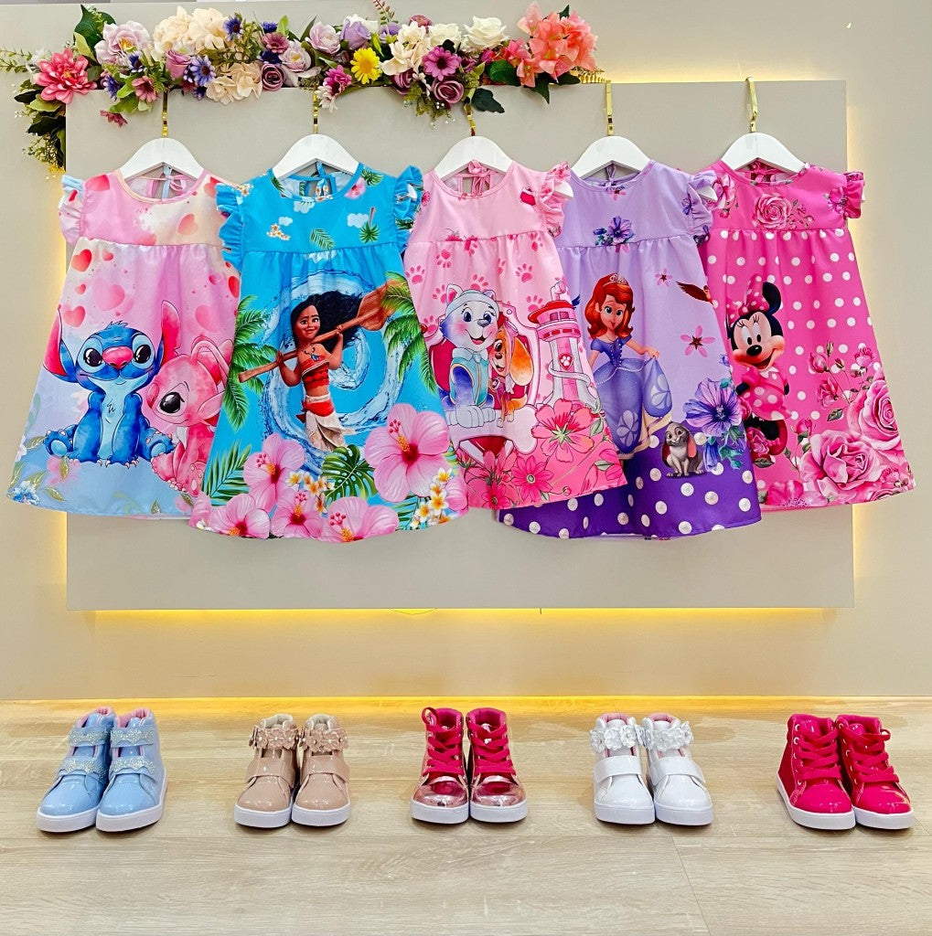 Vestido Trapézio Rosa Infantil com Manga Flu-Flu da Patrulha Canina Sky