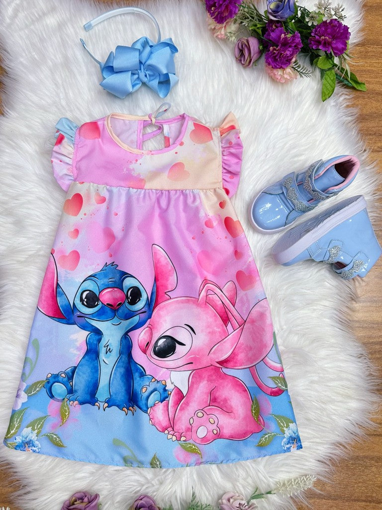 Vestido Infantil Trapézio Rosa com Manga Flu-Flu para Meninas