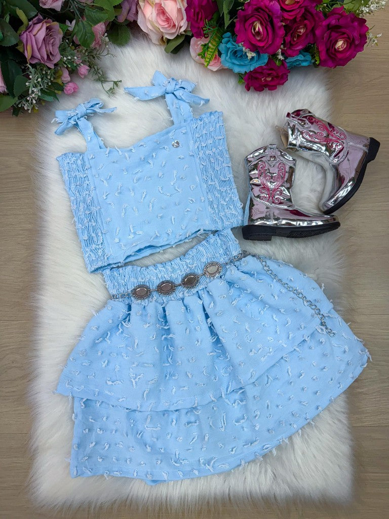 Conjunto Infantil Azul Bebê com Blusinha, Saia e Cinto