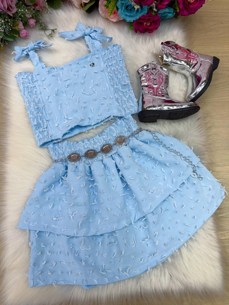 Conjunto Infantil Azul Bebê com Blusinha, Saia e Cinto