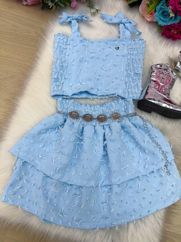 Conjunto Infantil Azul Bebê com Blusinha, Saia e Cinto