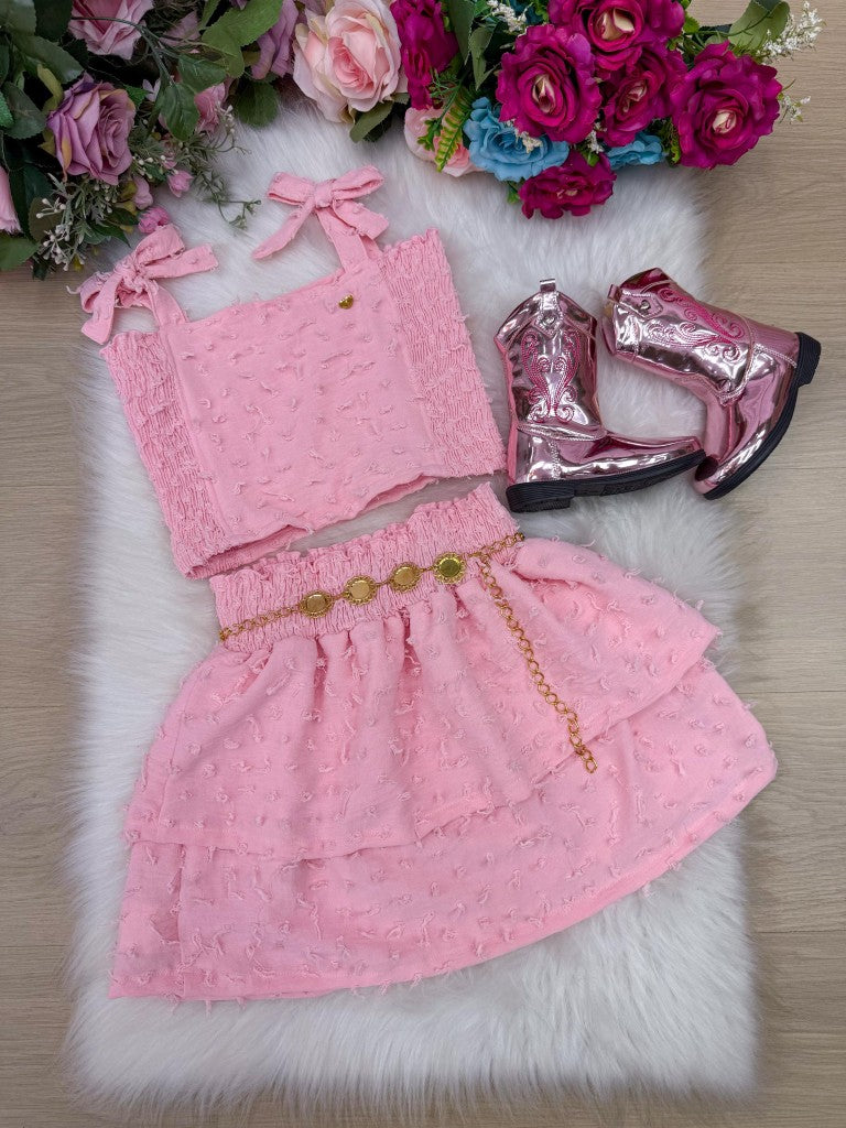 Conjunto Infantil Rosa Bebe com Blusinha, Saia e Cinto