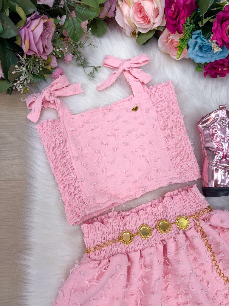 Conjunto Infantil Rosa Bebe com Blusinha, Saia e Cinto