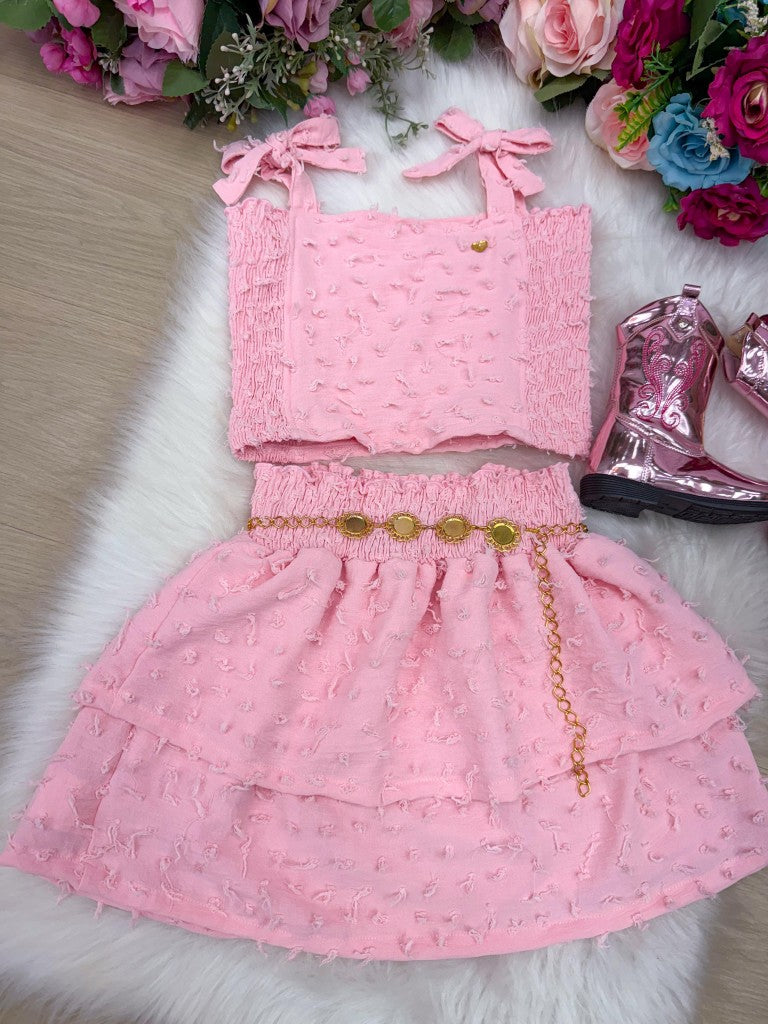 Conjunto Infantil Rosa Bebe com Blusinha, Saia e Cinto