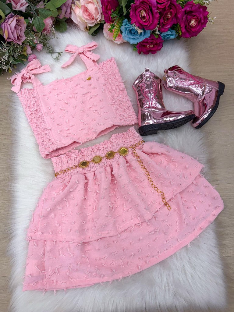 Conjunto Infantil Rosa Bebe com Blusinha, Saia e Cinto