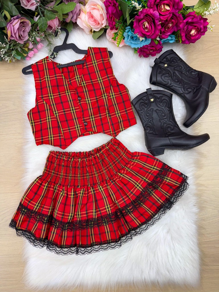 Conjunto Junino Vermelho para Meninas com Estampa Xadrez