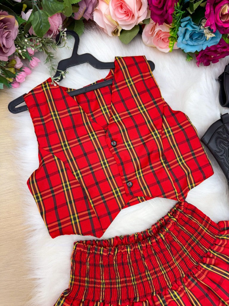 Conjunto Junino Vermelho para Meninas com Estampa Xadrez