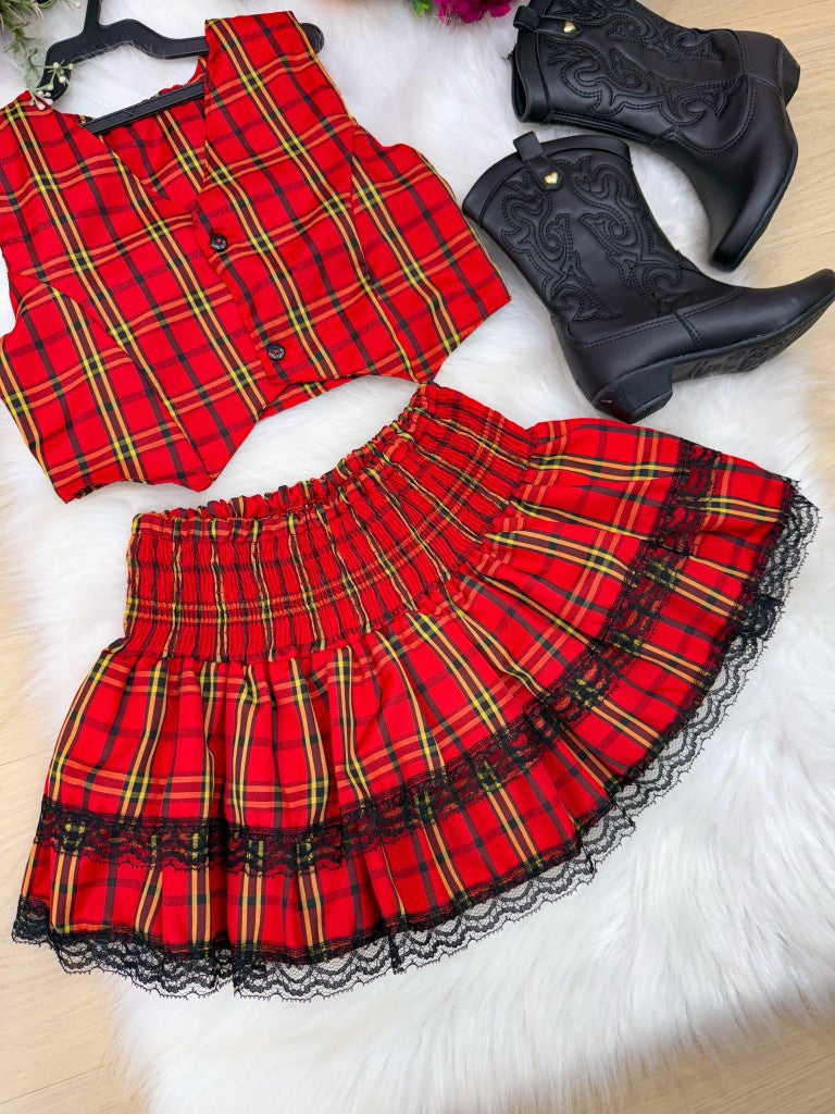 Conjunto Junino Vermelho para Meninas com Estampa Xadrez