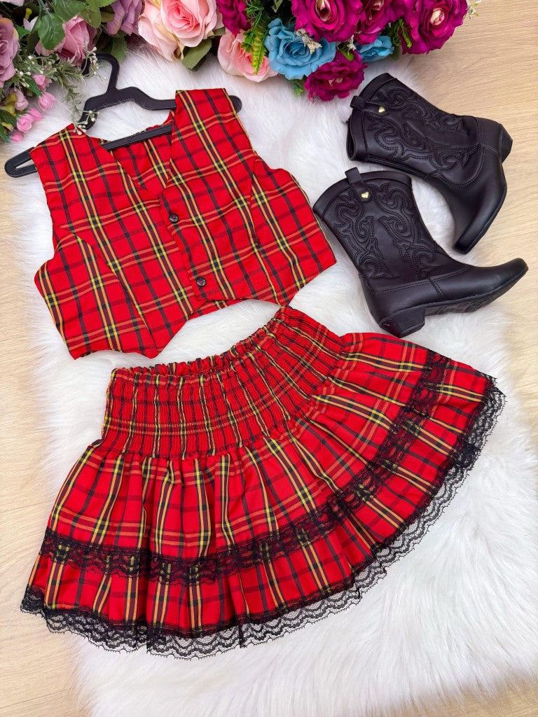 Conjunto Junino Vermelho para Meninas com Estampa Xadrez