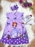 Vestido Infantil Azul Trapézio para Princesa Sofia com Manga Flu-Flu