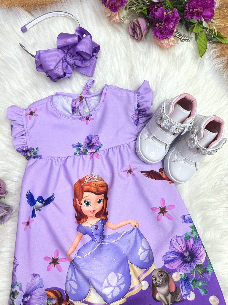 Vestido Infantil Azul Trapézio para Princesa Sofia com Manga Flu-Flu