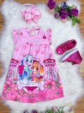 Vestido Trapézio Rosa Infantil com Manga Flu-Flu da Patrulha Canina Sky