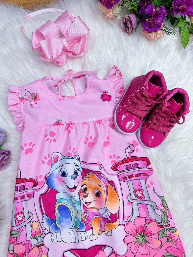 Vestido Trapézio Rosa Infantil com Manga Flu-Flu da Patrulha Canina Sky