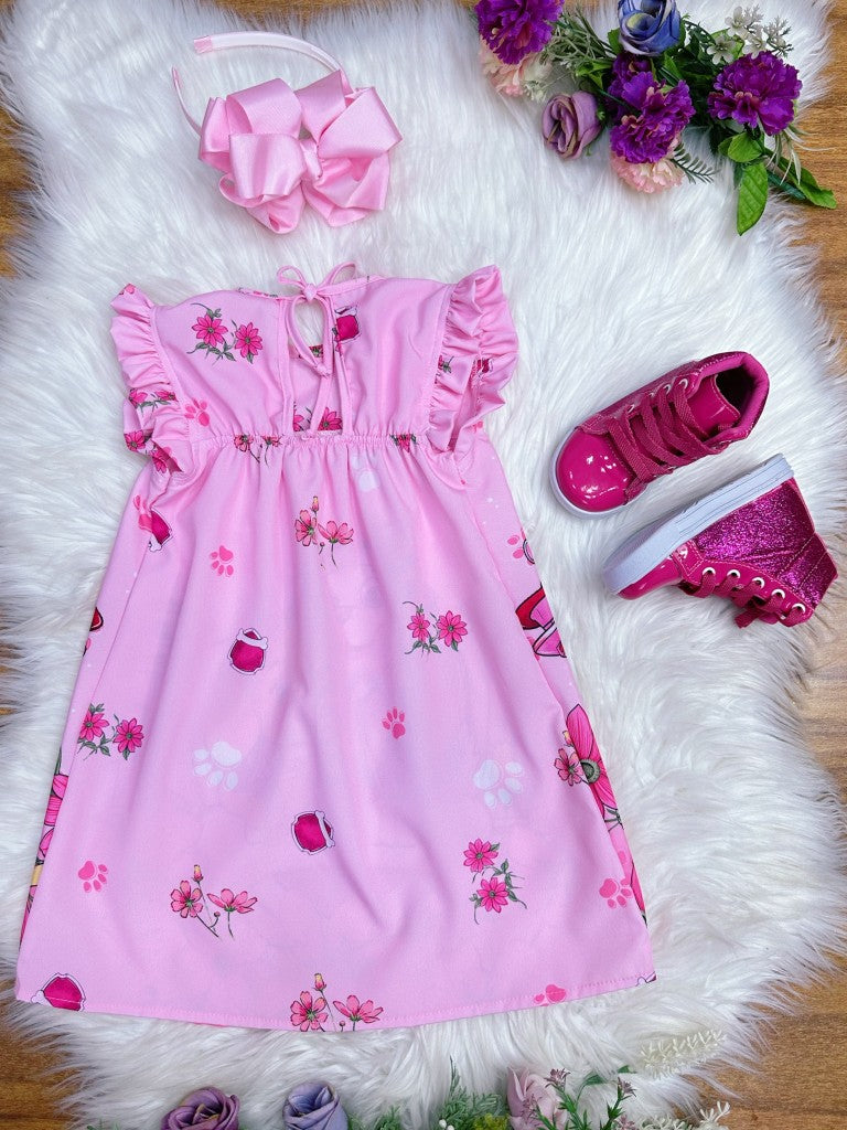 Vestido Trapézio Rosa Infantil com Manga Flu-Flu da Patrulha Canina Sky