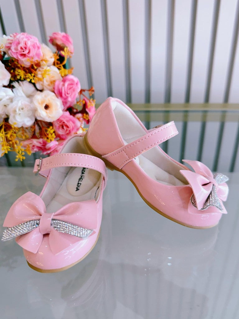 Sapatinho Rosa com Aplique de Lacinho e Strass Luxo para Festas