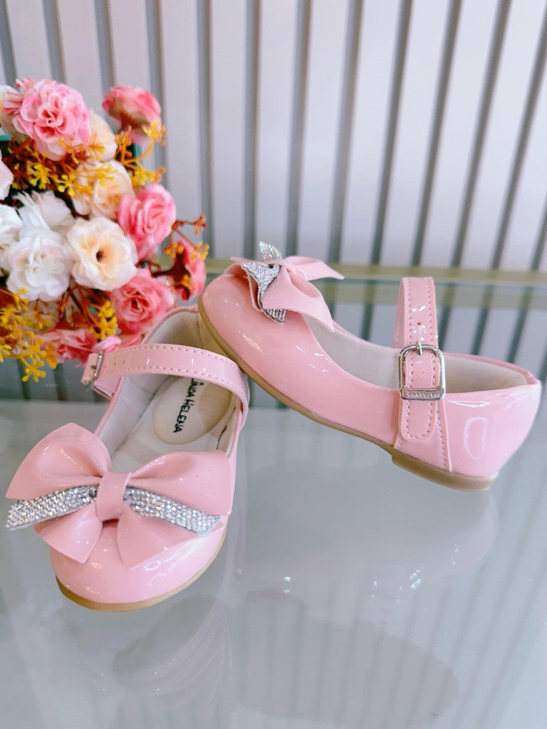 Sapatinho Rosa com Aplique de Lacinho e Strass Luxo para Festas