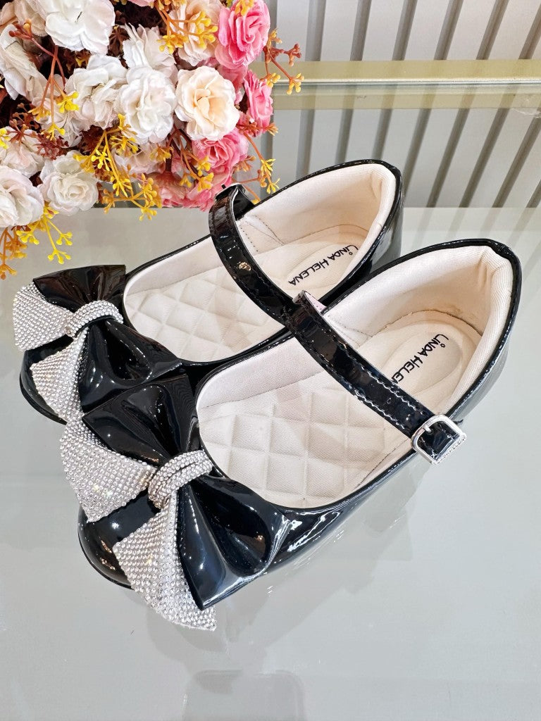 Sapatinho Infantil Preto Verniz com Aplique de Lacinho e Strass Luxo