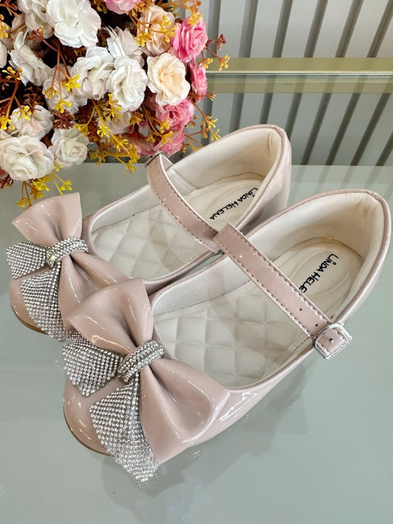 Sapatinho Infantil Nude Verniz Com Aplique de Lacinho e Strass