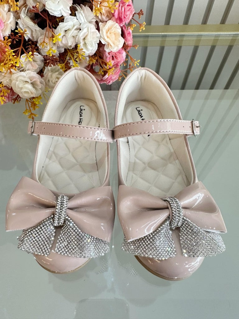 Sapatinho Infantil Nude Verniz Com Aplique de Lacinho e Strass