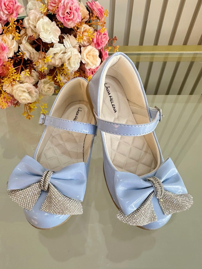 Sapatinho Infantil Azul Verniz Com Lacinho e Strass Luxo